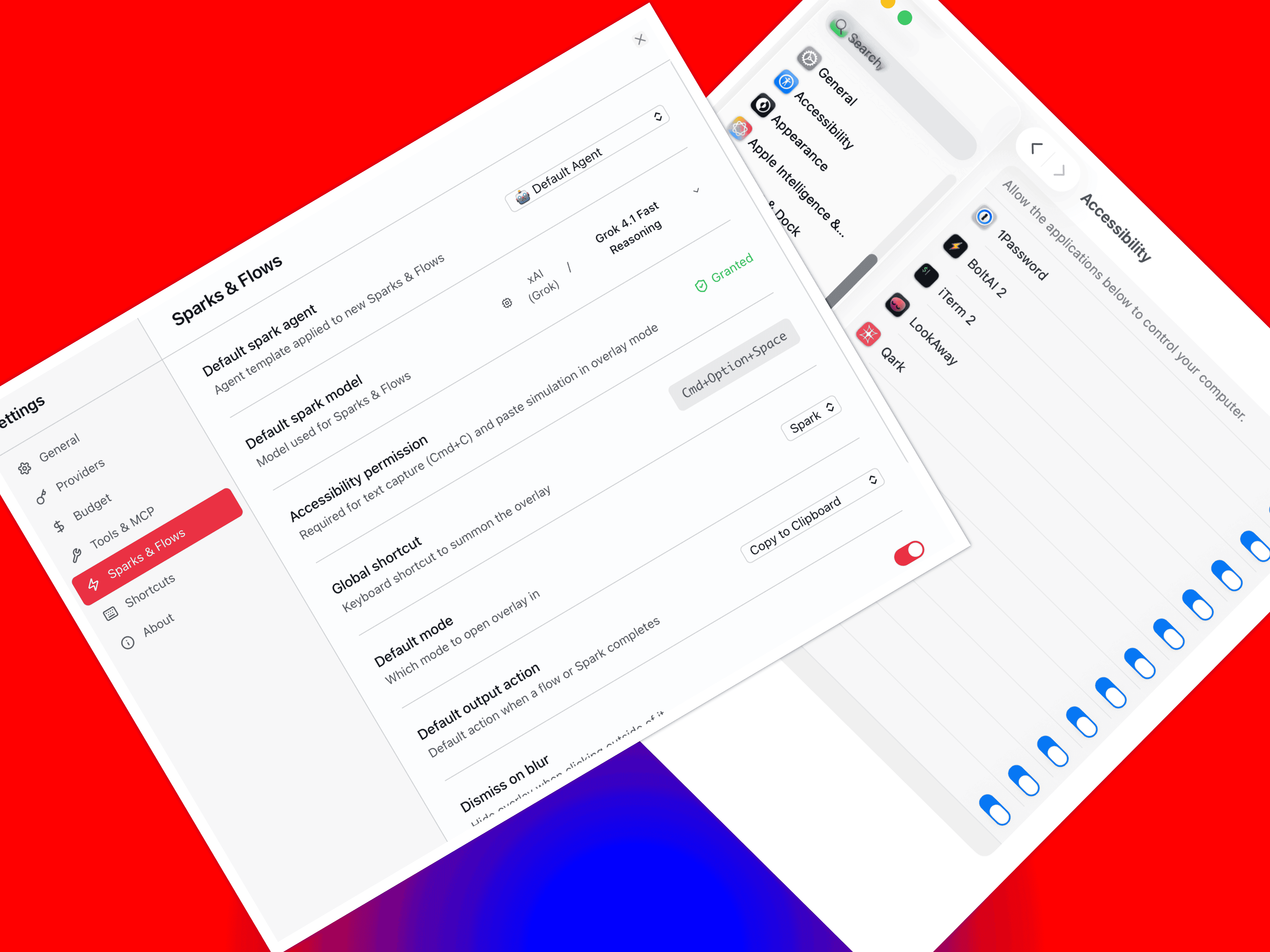 Sparks & Flows settings showing Accessibility permission status