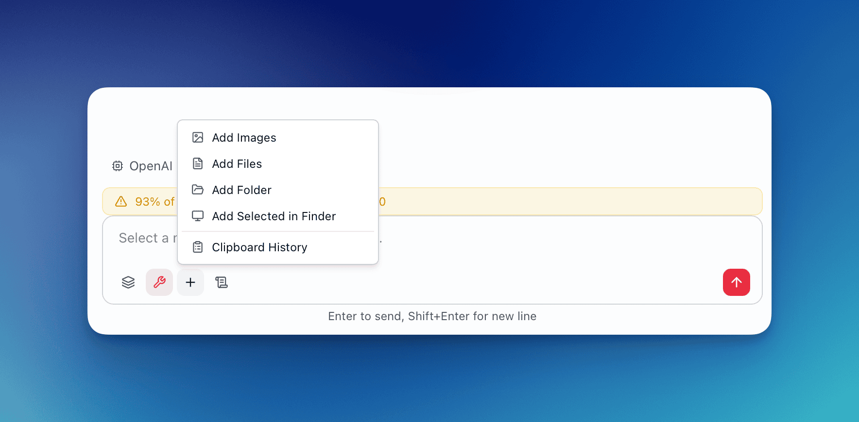 Attachment menu showing all five options