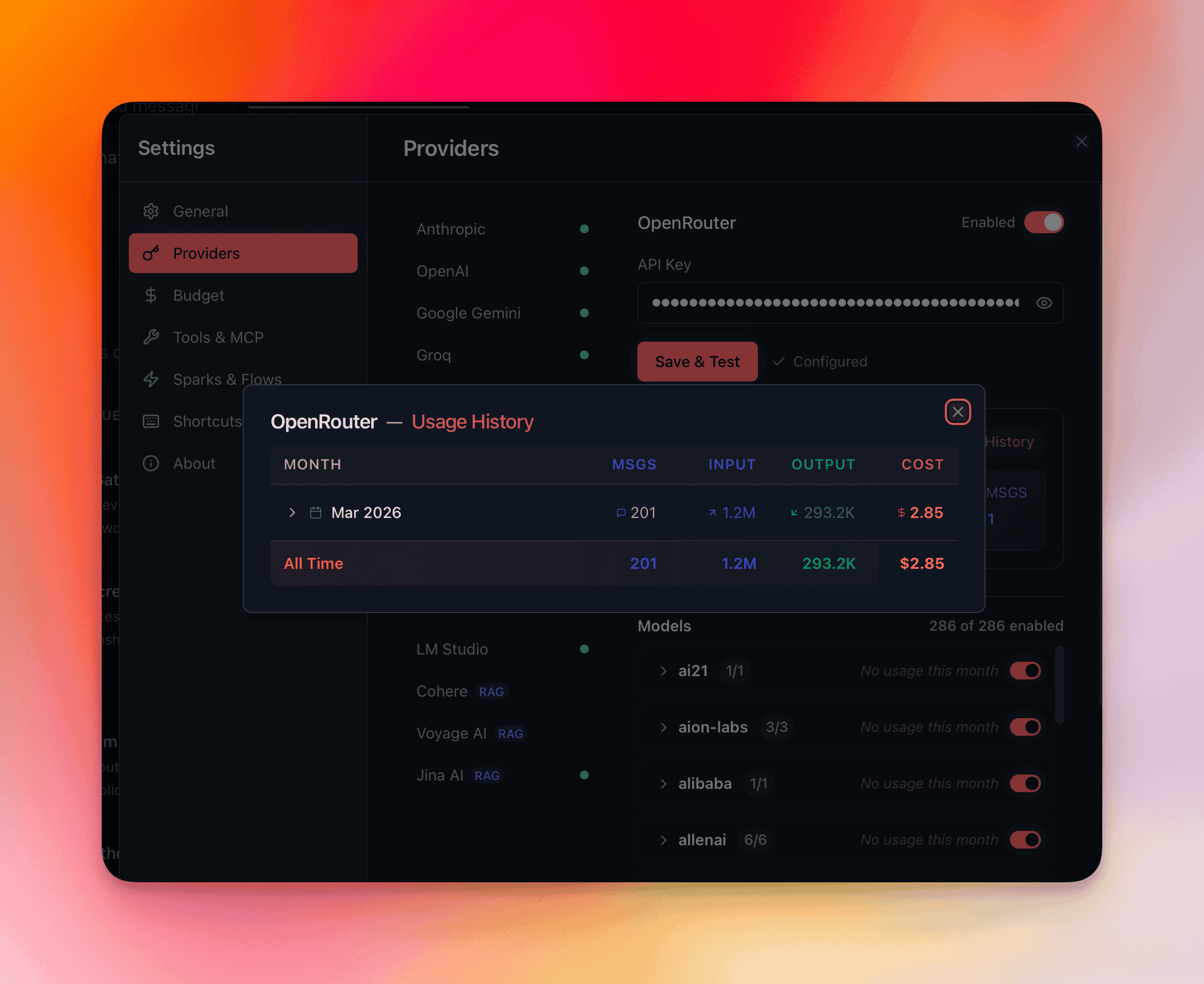 Usage history modal with expanded model breakdown