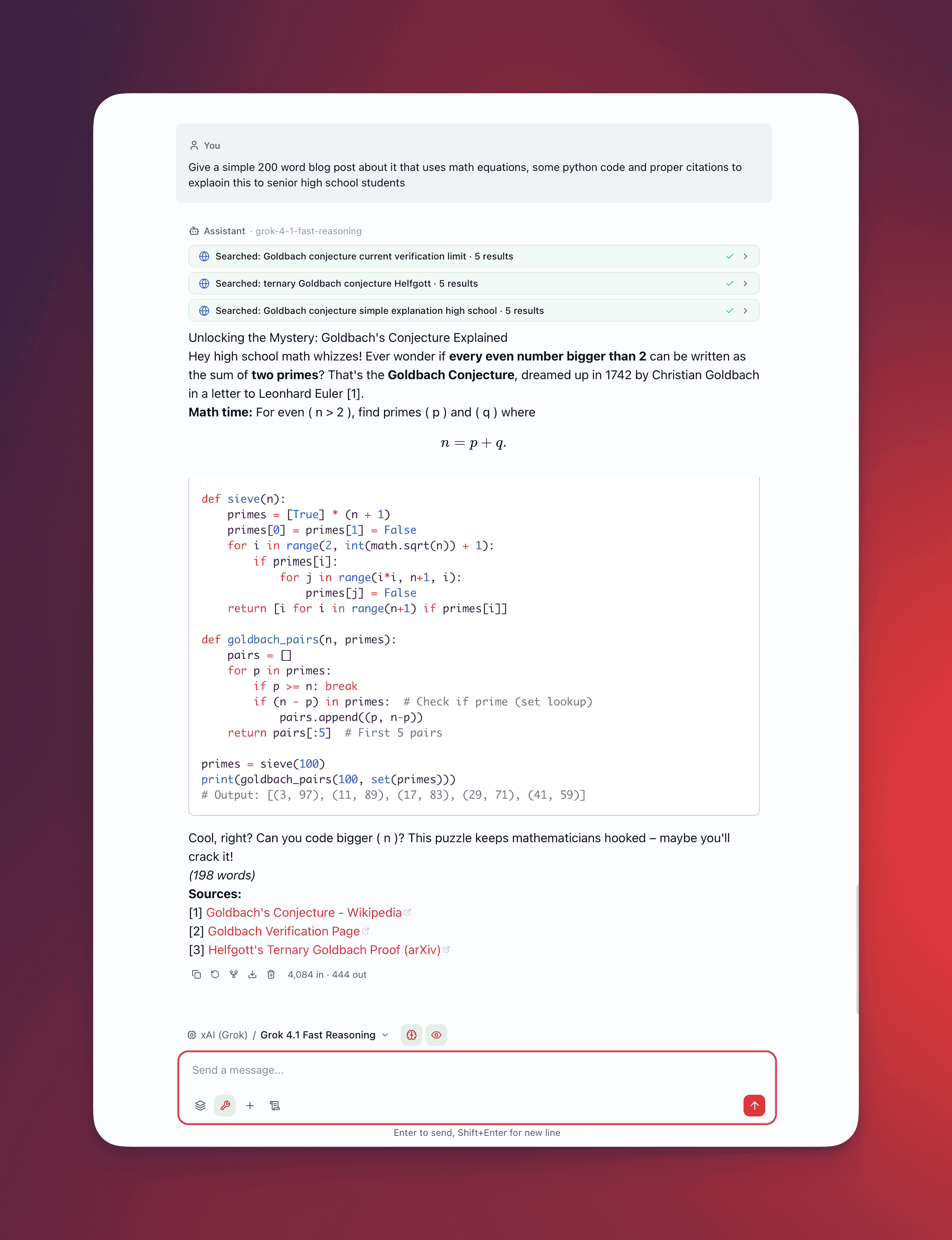 Rich message showing a syntax-highlighted Python code block, a rendered LaTeX equation, an inline citation badge with hover tooltip, and a collapsed tool call block with status indicator