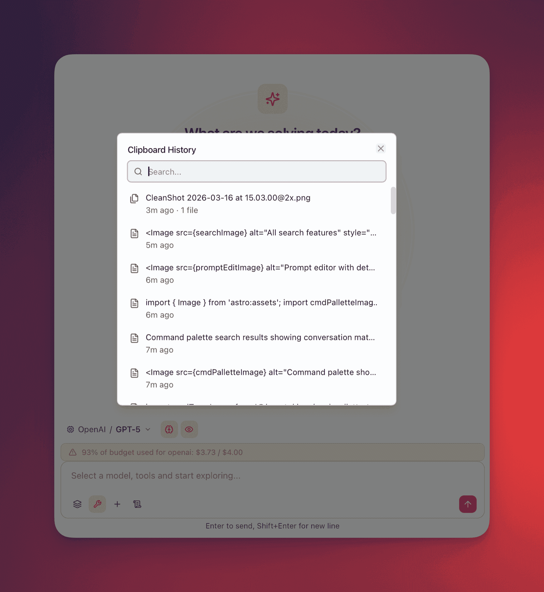 Clipboard history picker with text, image, and file entries