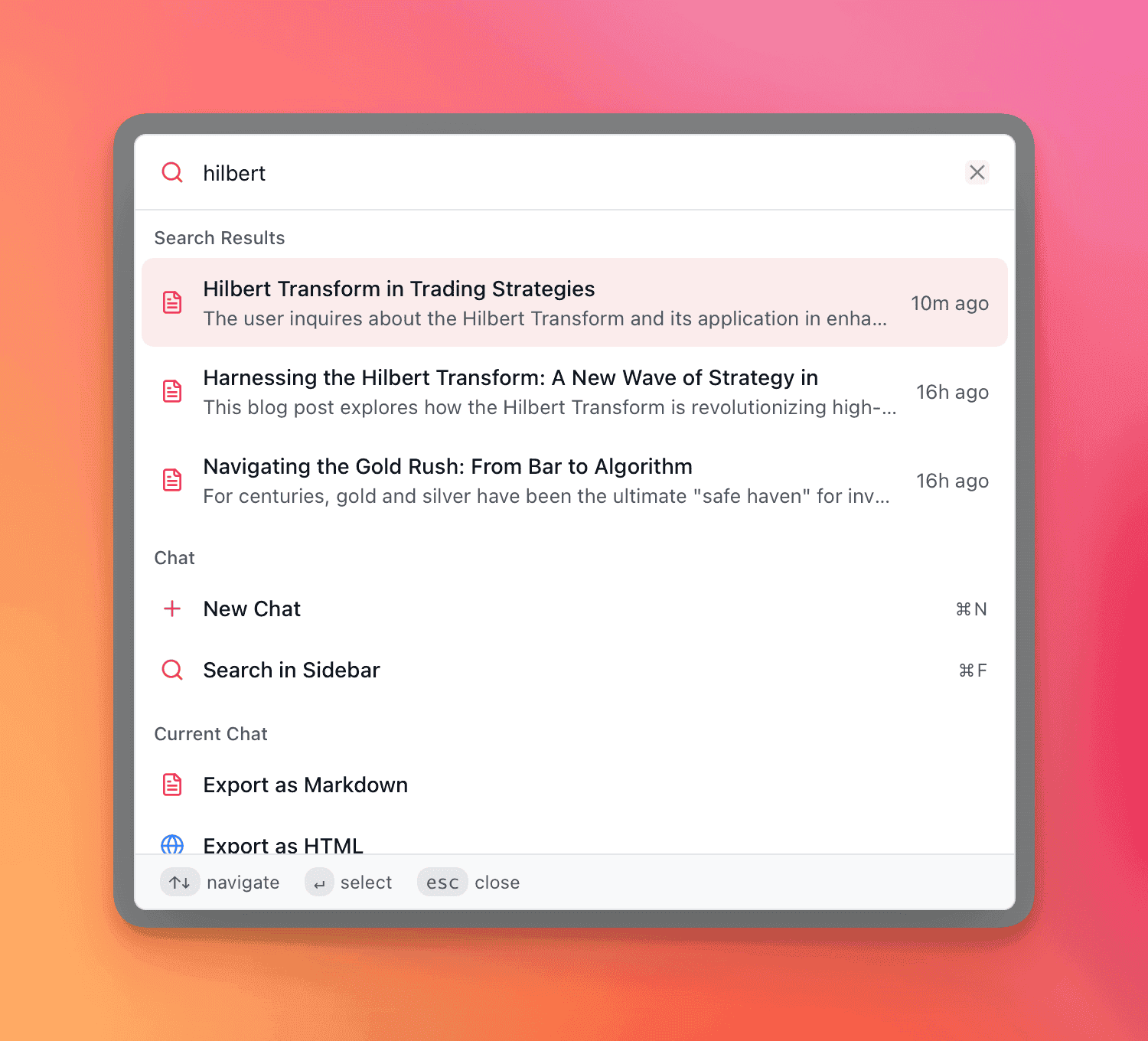 Command palette search results showing conversation matches with message snippets