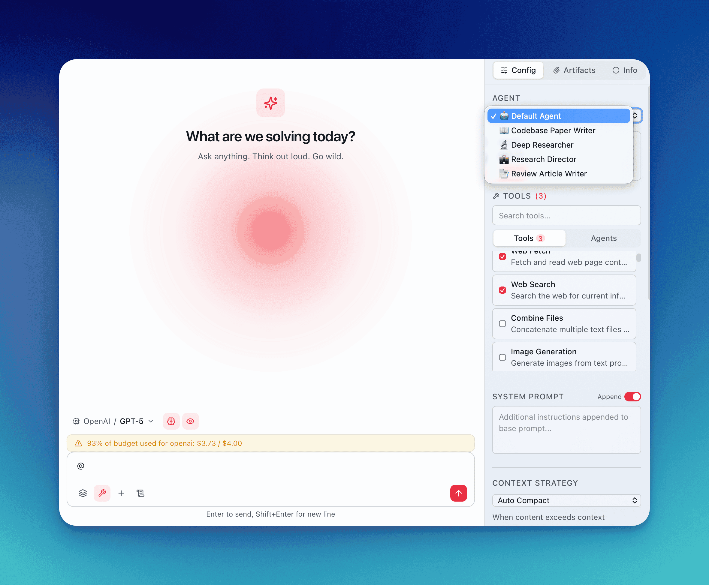 Config tab showing agent selector, model picker, tools list, and context strategy dropdown