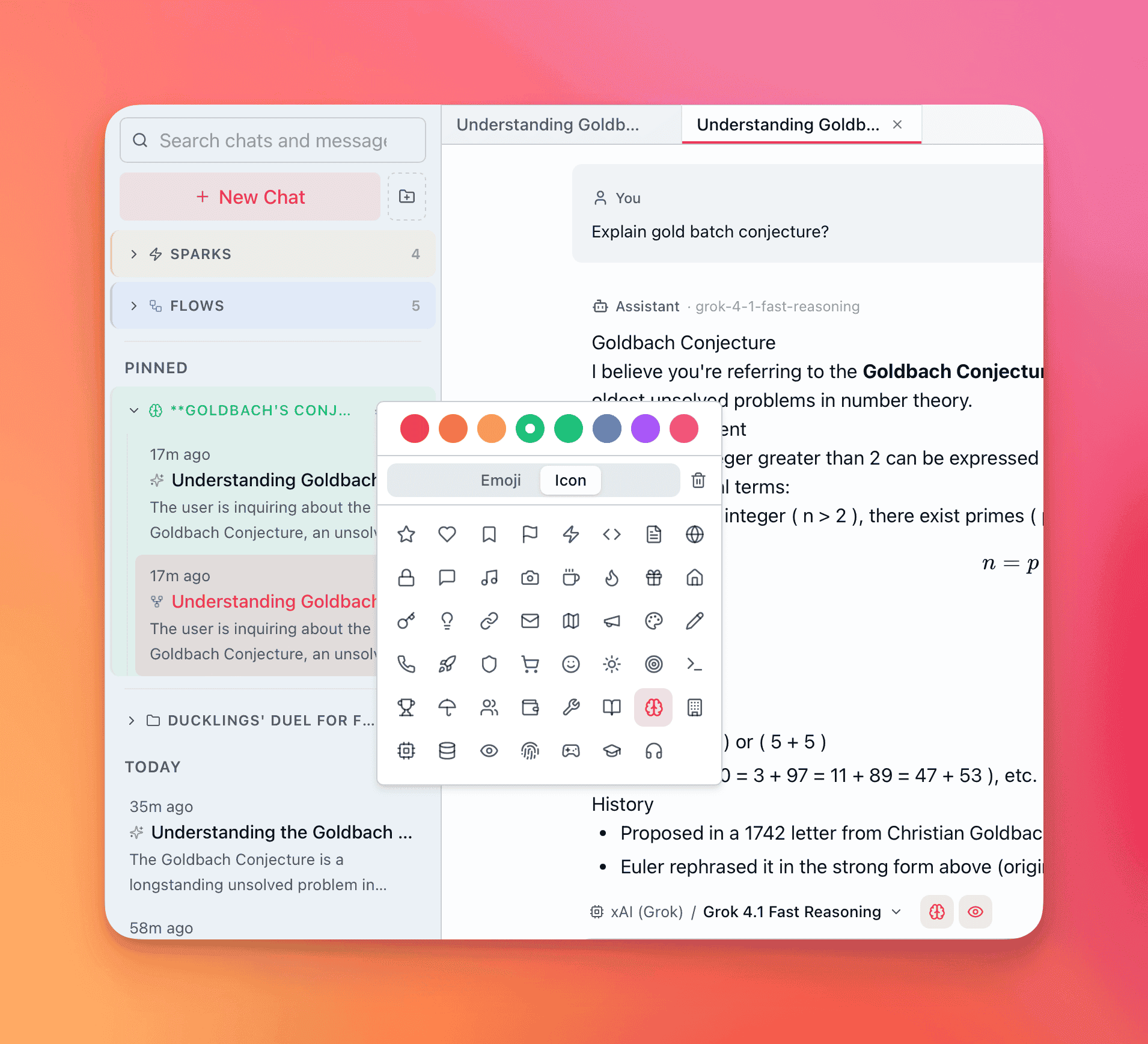 Group customizer popup with color palette and icon grid