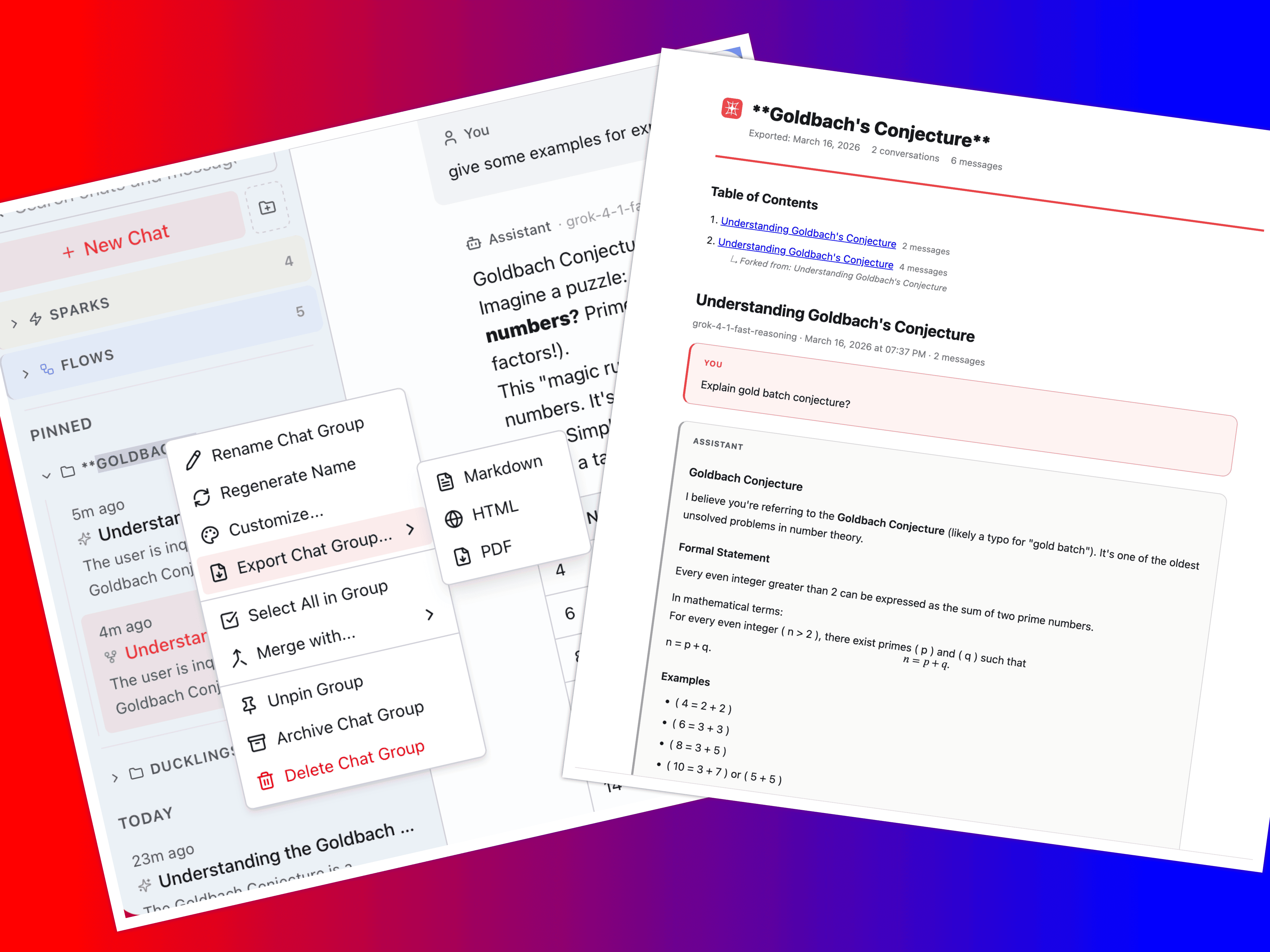 Export dialog with format options for Markdown, HTML, and PDF