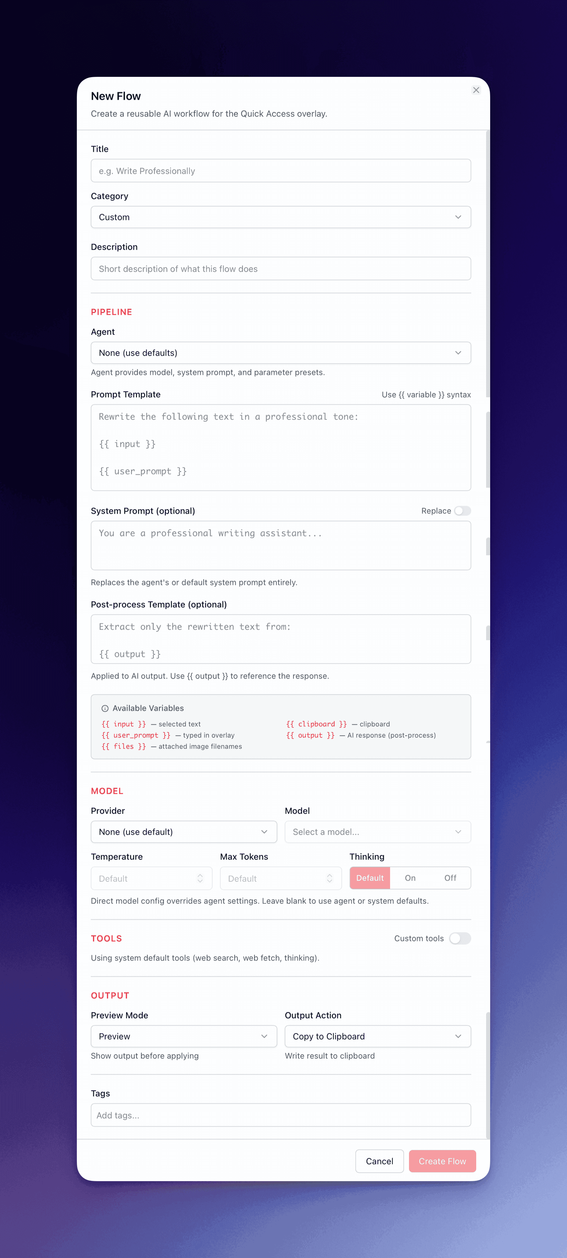 Flow editor showing content template, system prompt field, model selector, output action dropdown, and preview mode toggle