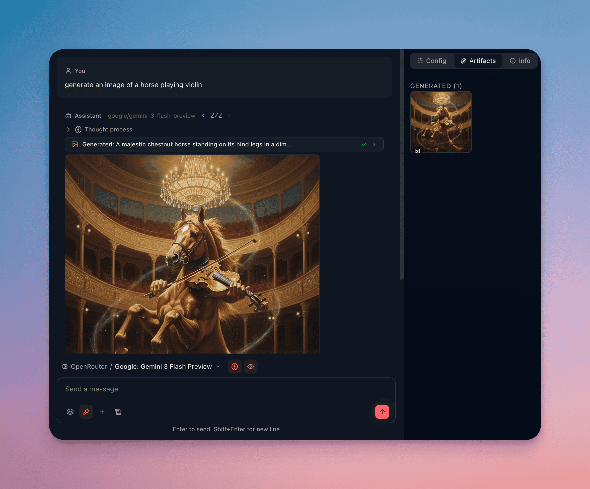 Image generation result inline in a conversation showing the generated image with lightbox preview, download button, and generation metadata