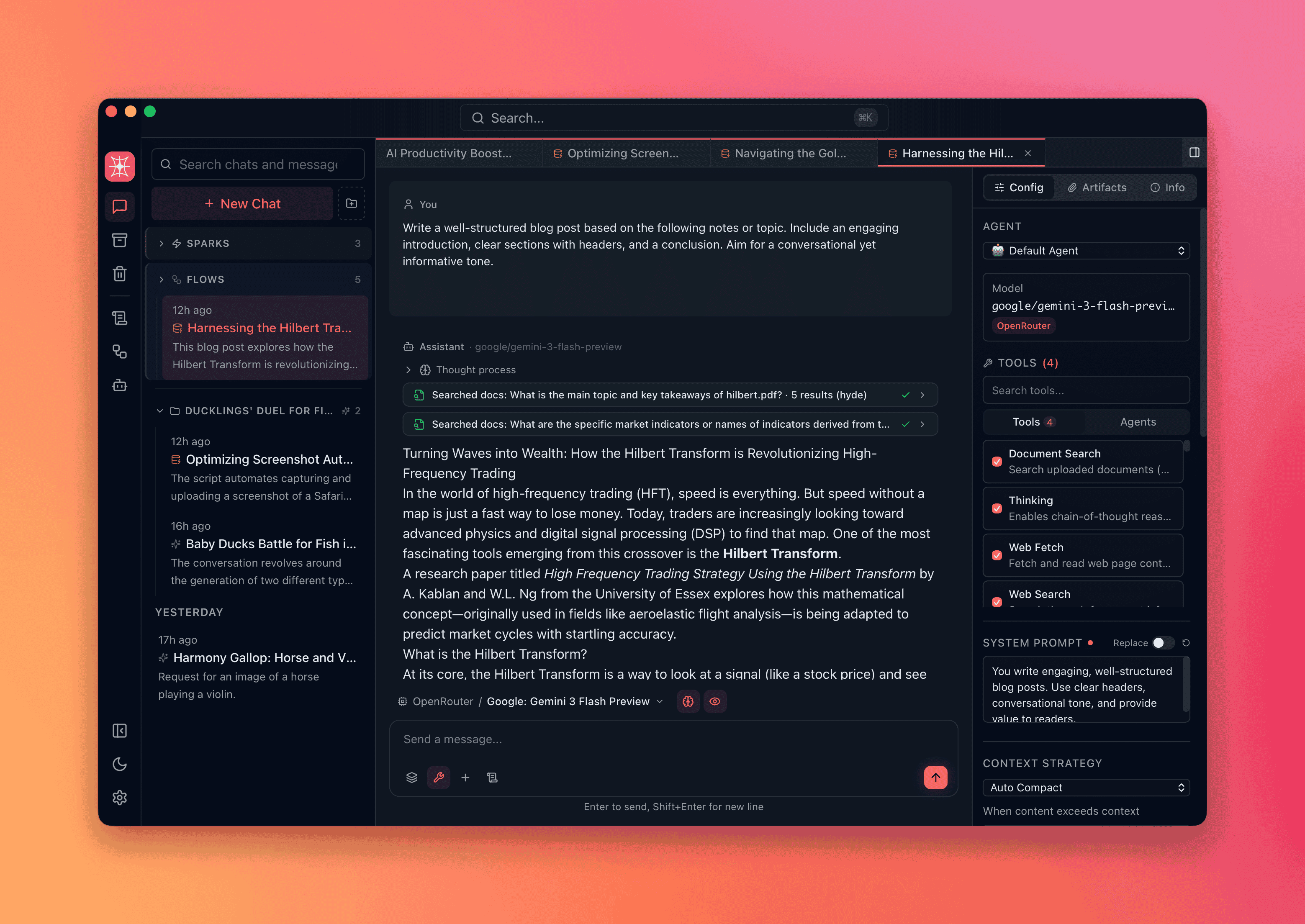 Main QARK interface showing a conversation with model picker, token/cost badge, and sidebar with groups