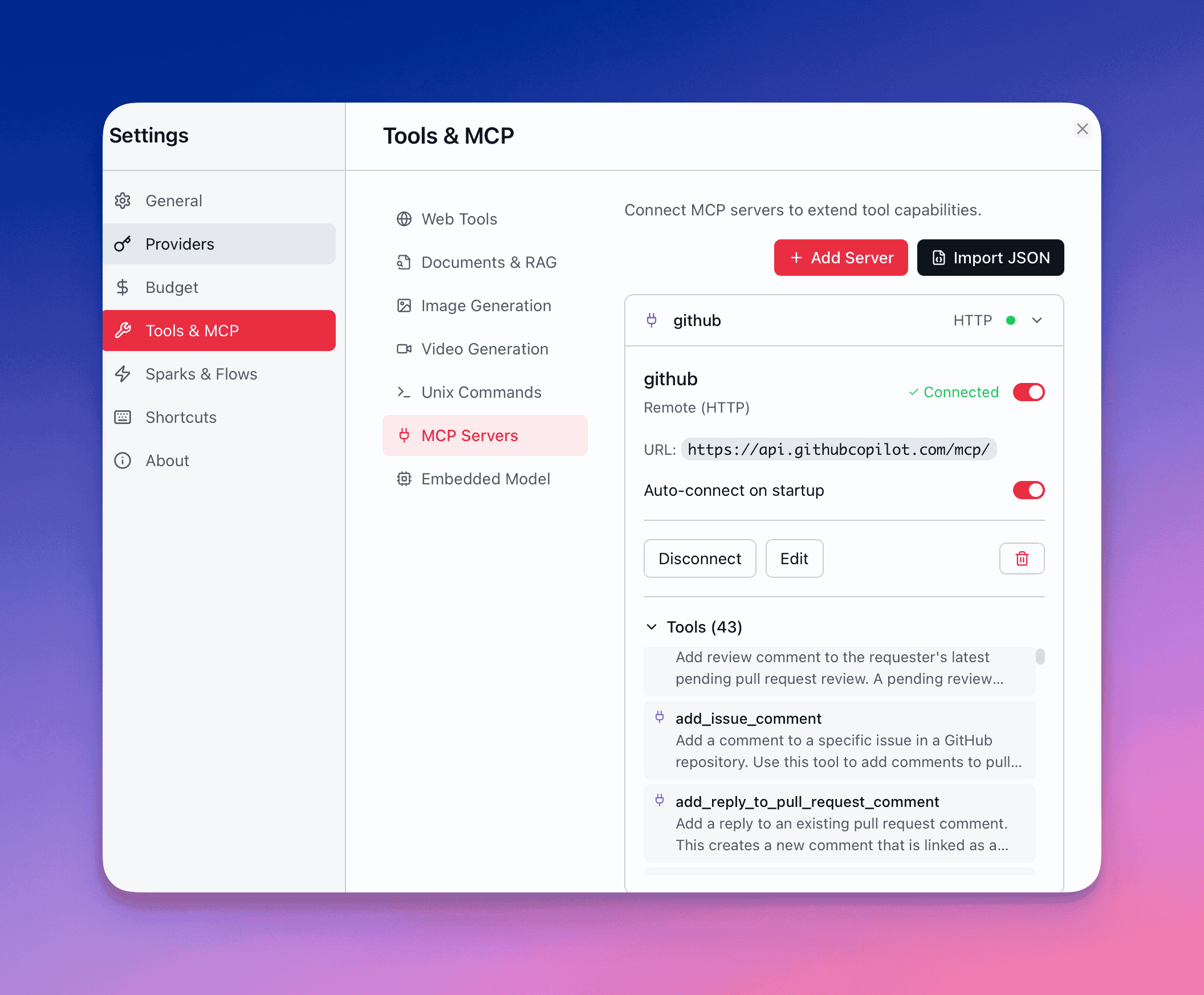 MCP settings panel showing connected servers with status indicators, tool lists, and enable/disable toggles