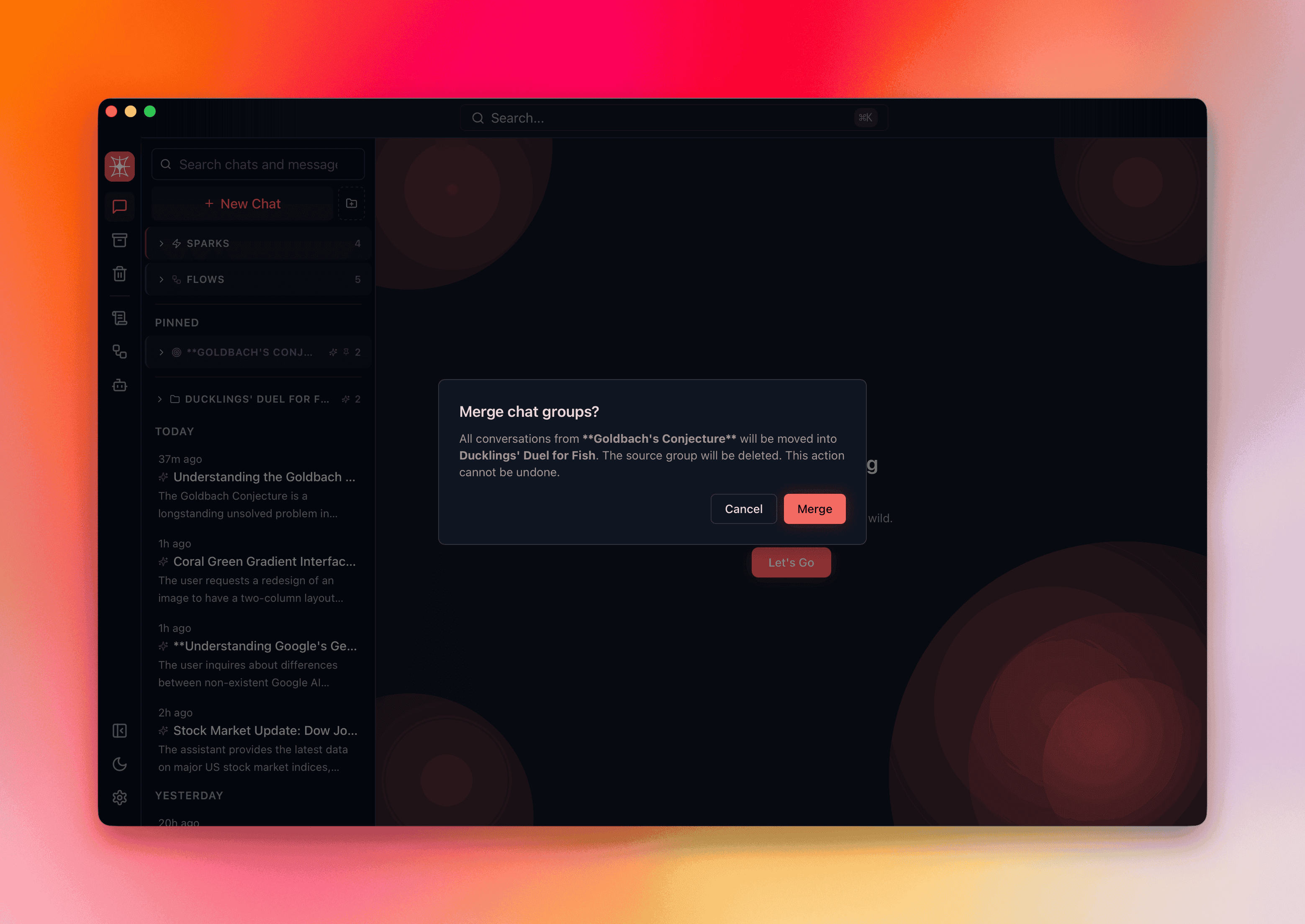 Drag-drop merge confirmation dialog showing source group, target group, and conversation count