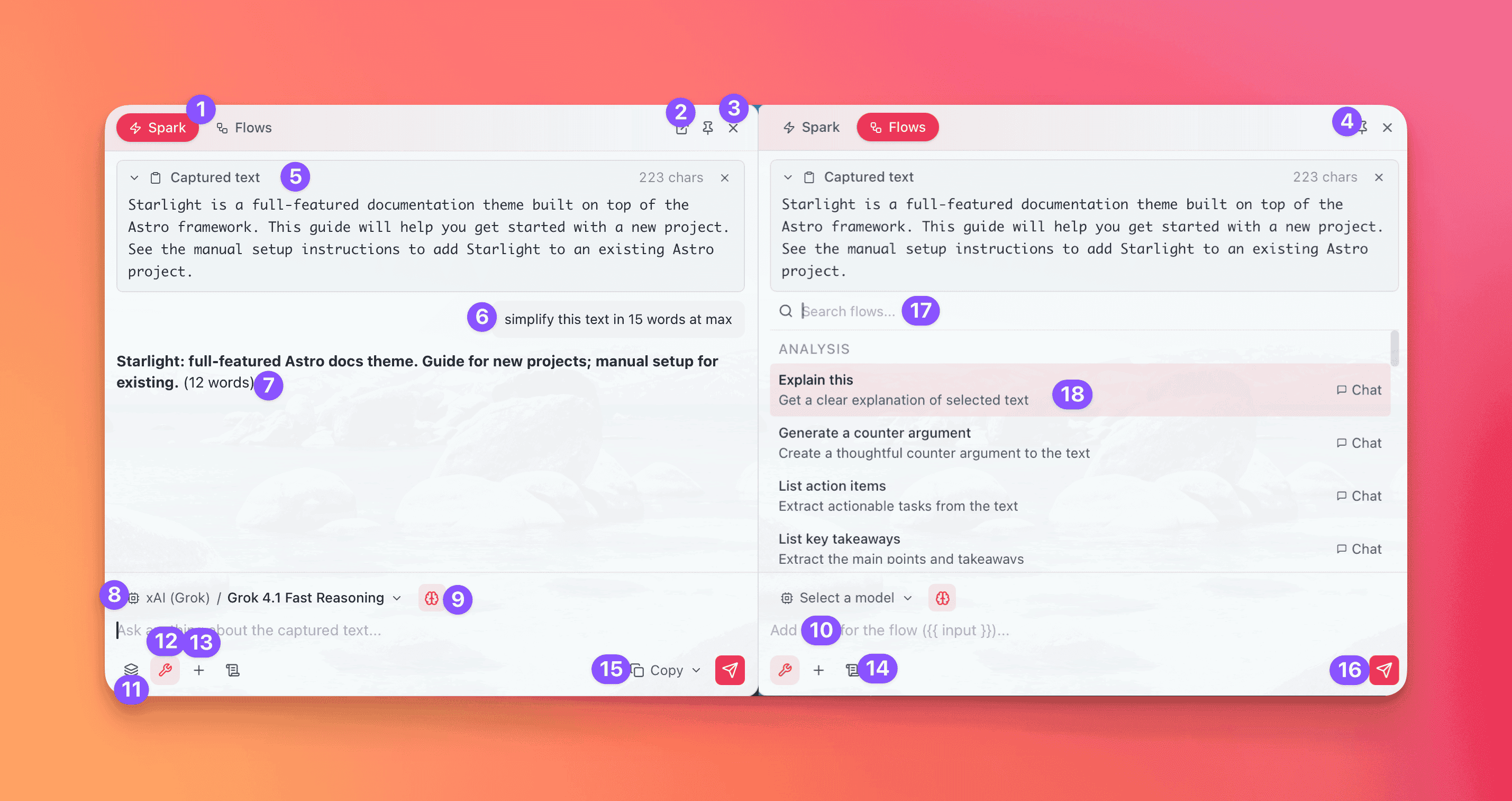 Universal overlay — Spark tab with captured text, and Flows tab showing flow categories