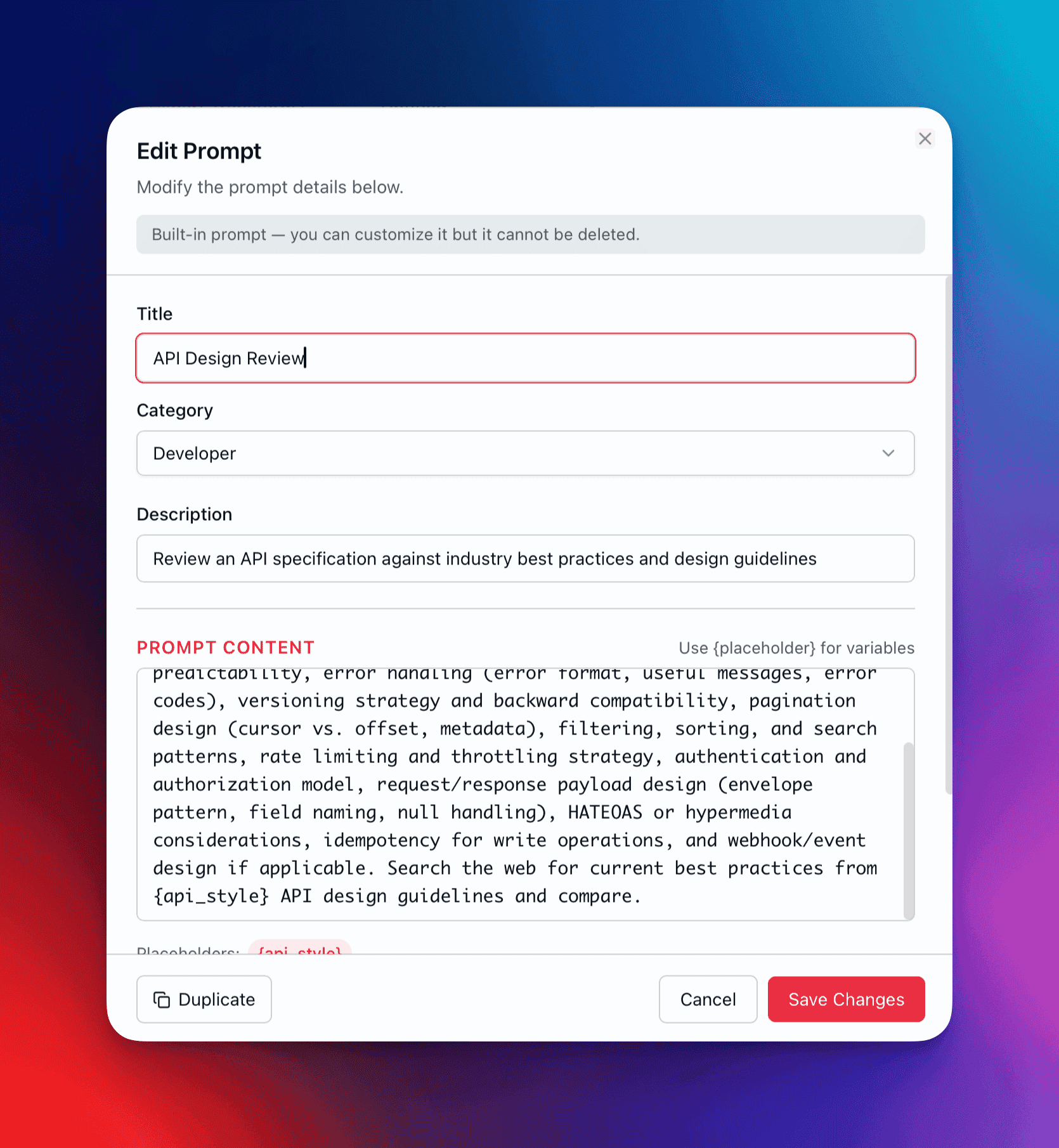 Prompt editor with detected placeholder variables highlighted