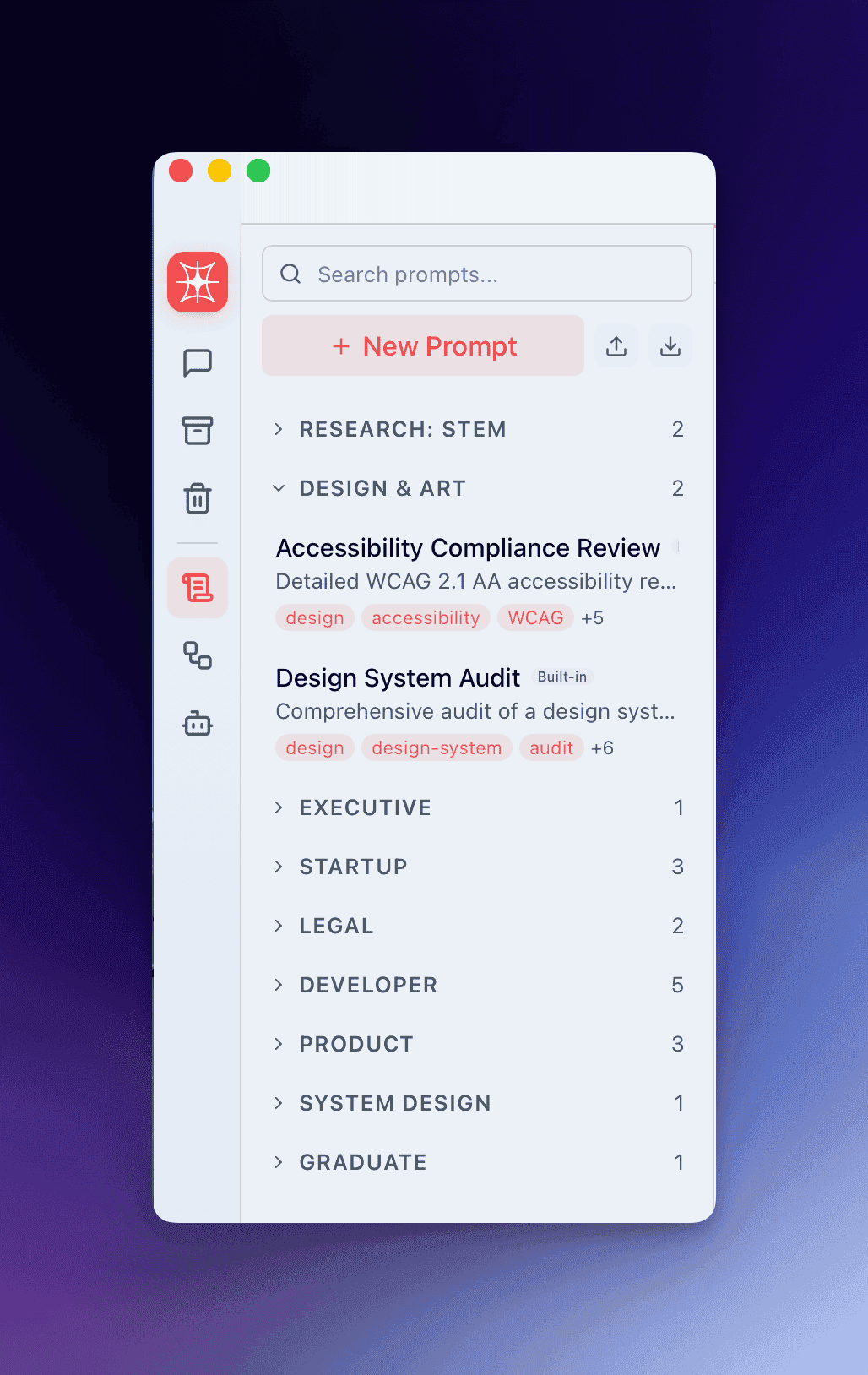 Prompt library sidebar showing categories with counts