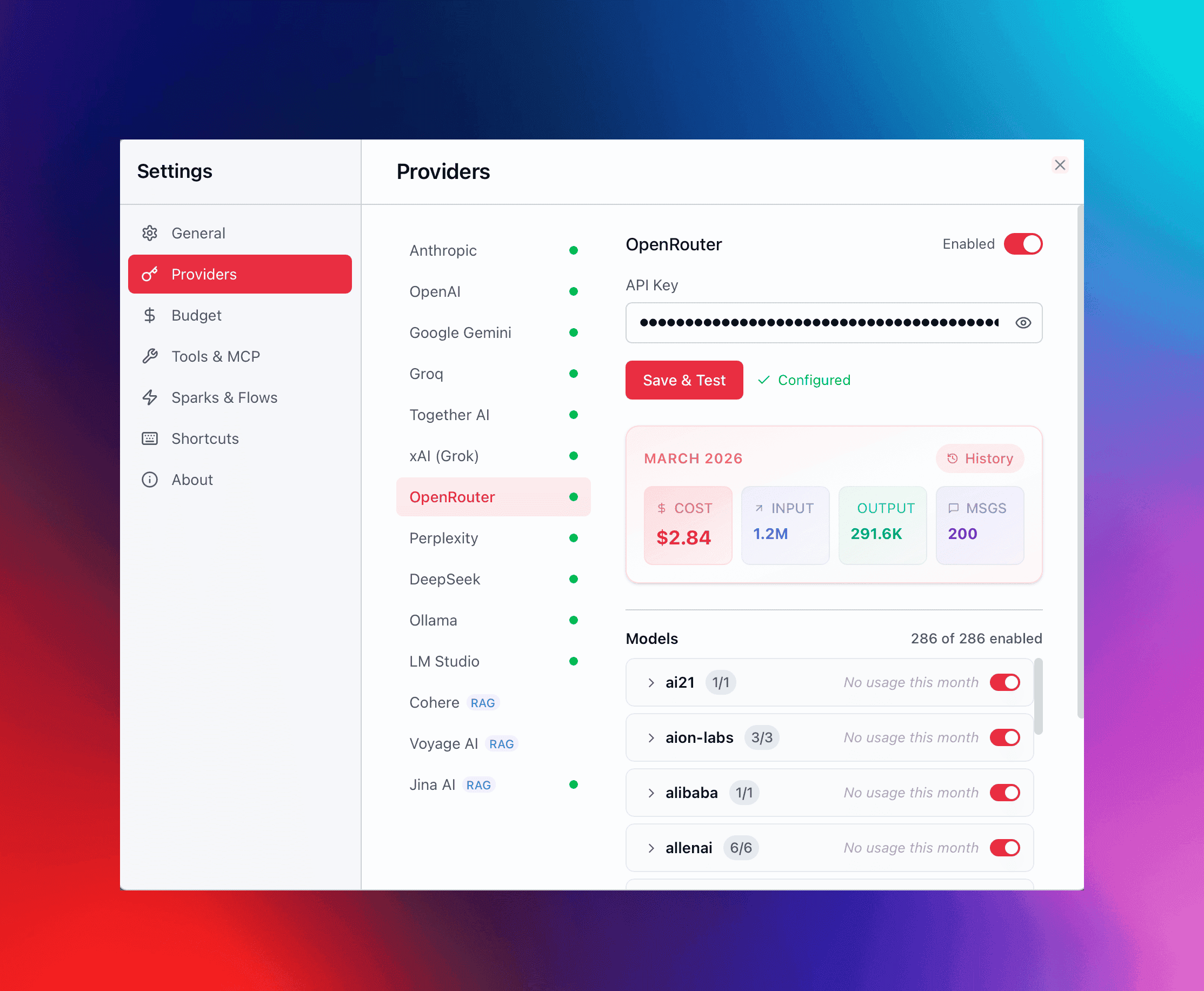 Detailed Providers settings
