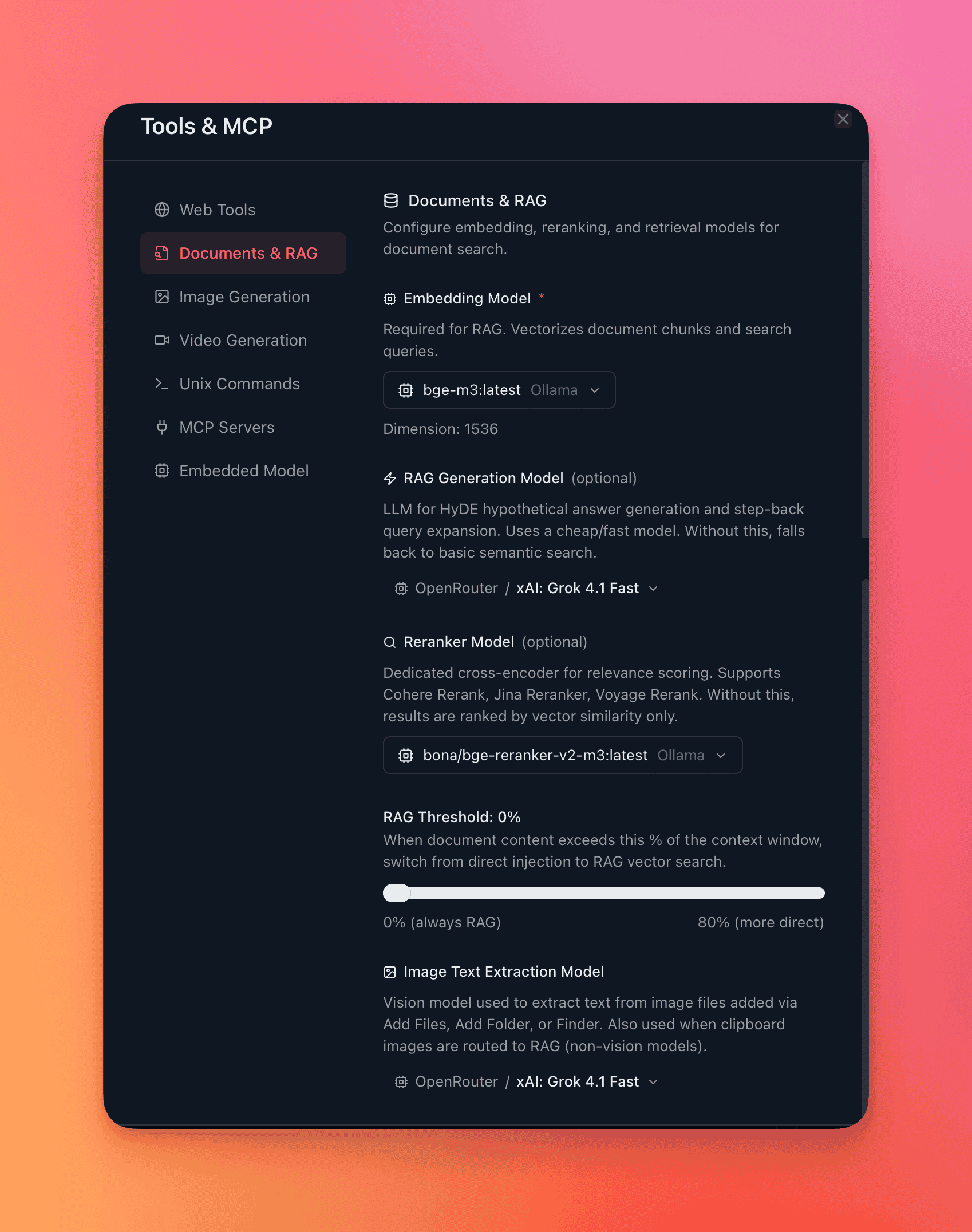 RAG settings panel showing embedding provider/model selection, reranking toggle, and reranker model dropdown