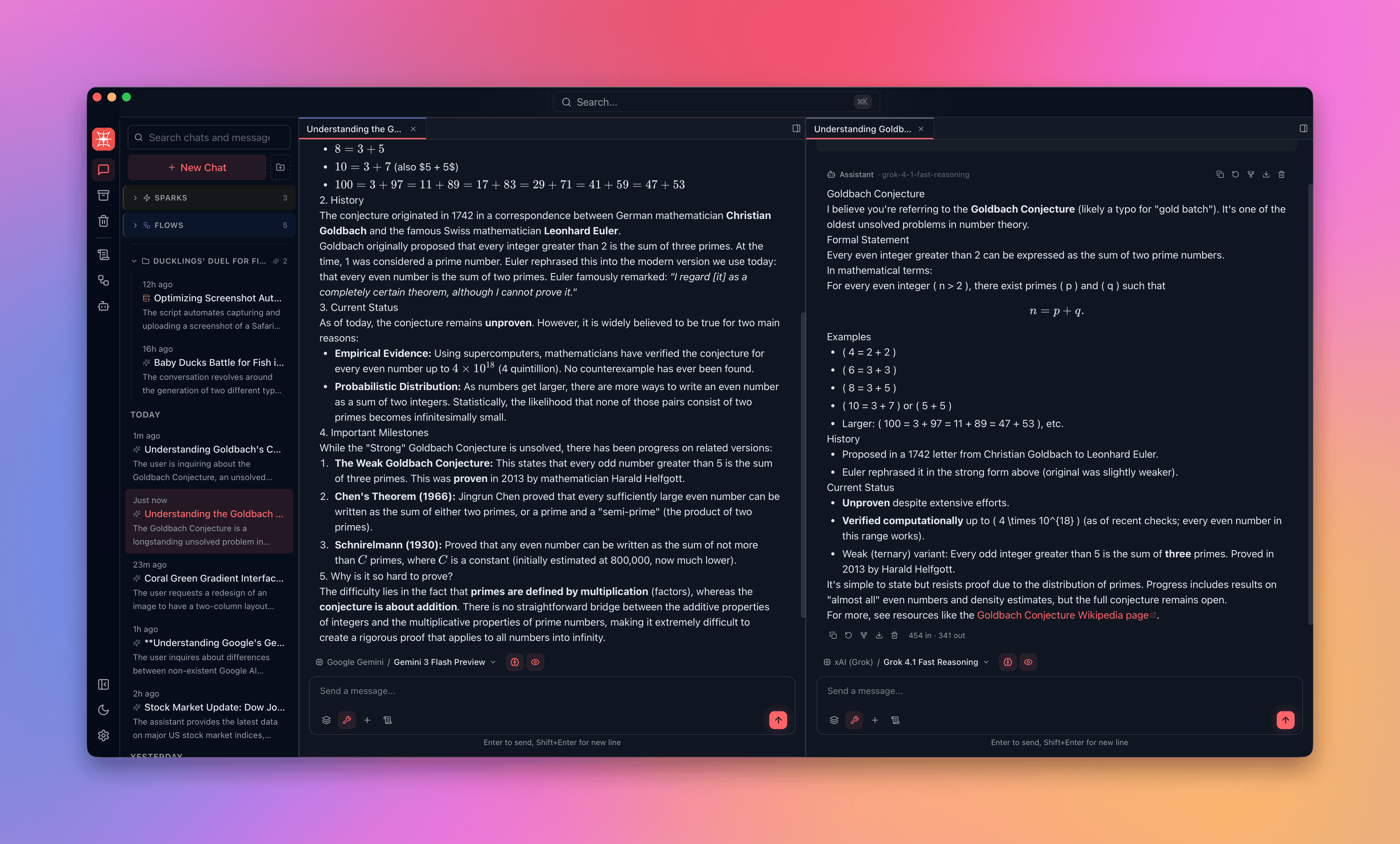 Split view comparing two different models responding to the same prompt