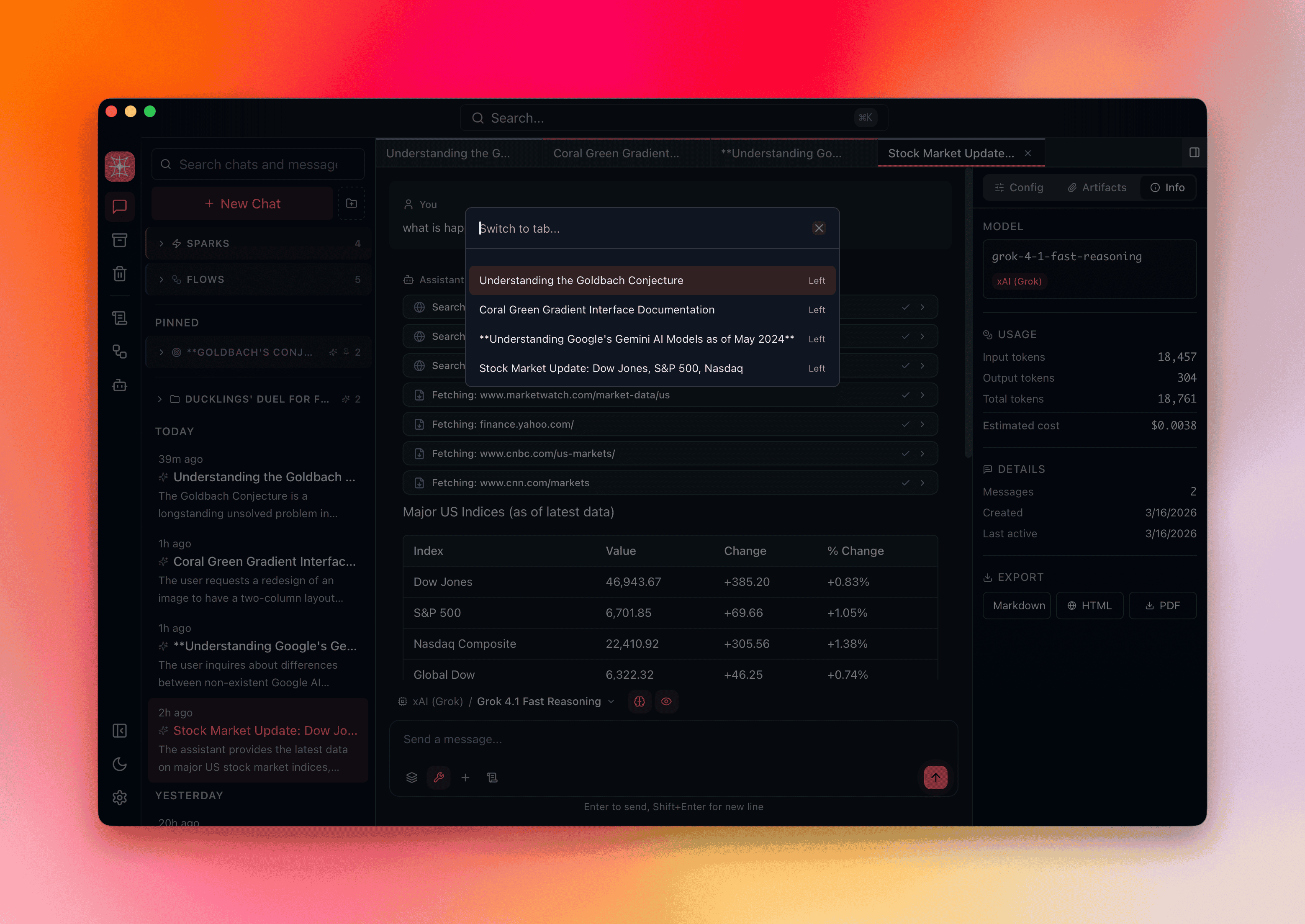 Tab switcher modal showing searchable list with pane indicators