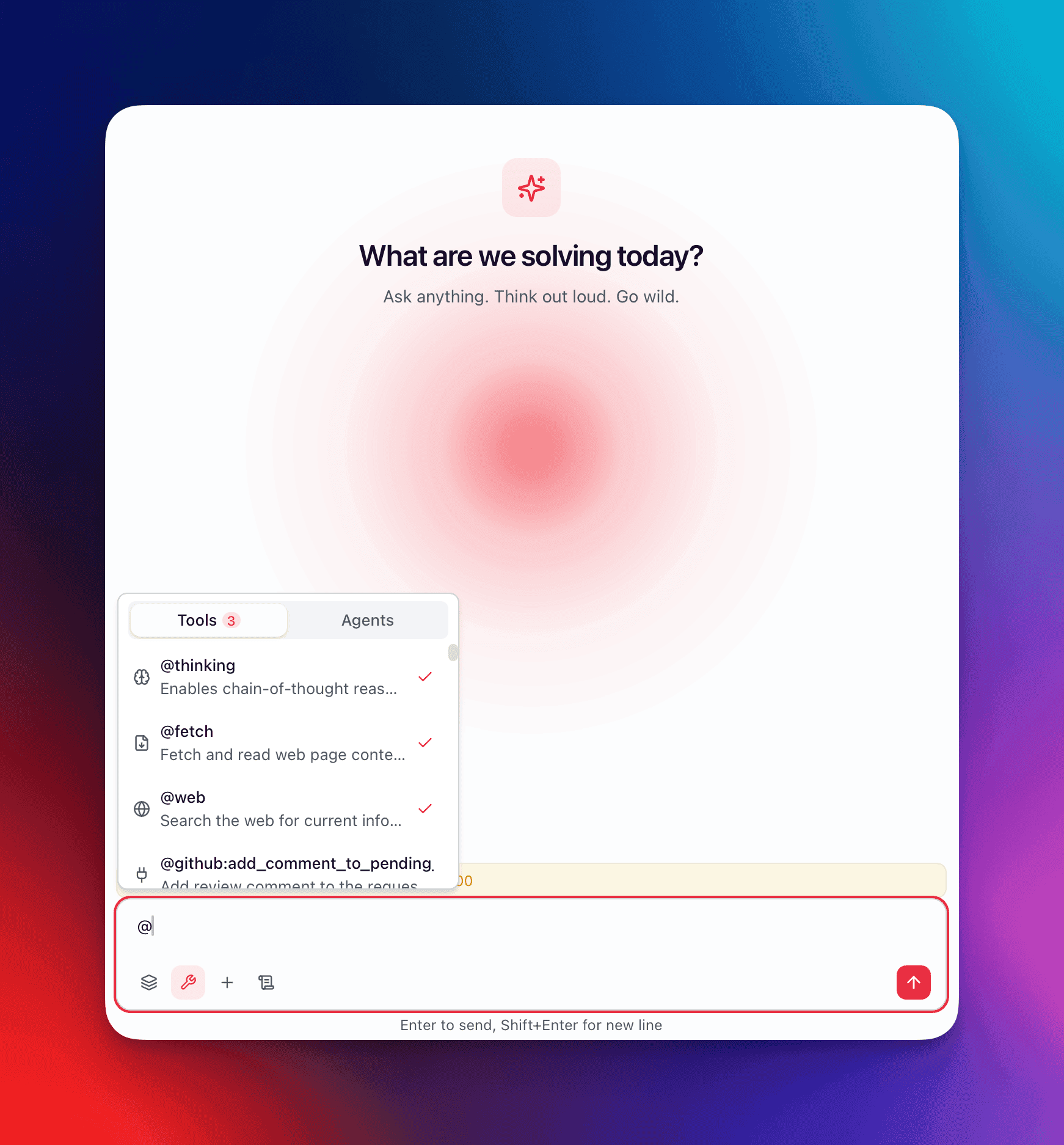 @mention popover showing all tool categories — builtin, MCP, and agent-tools